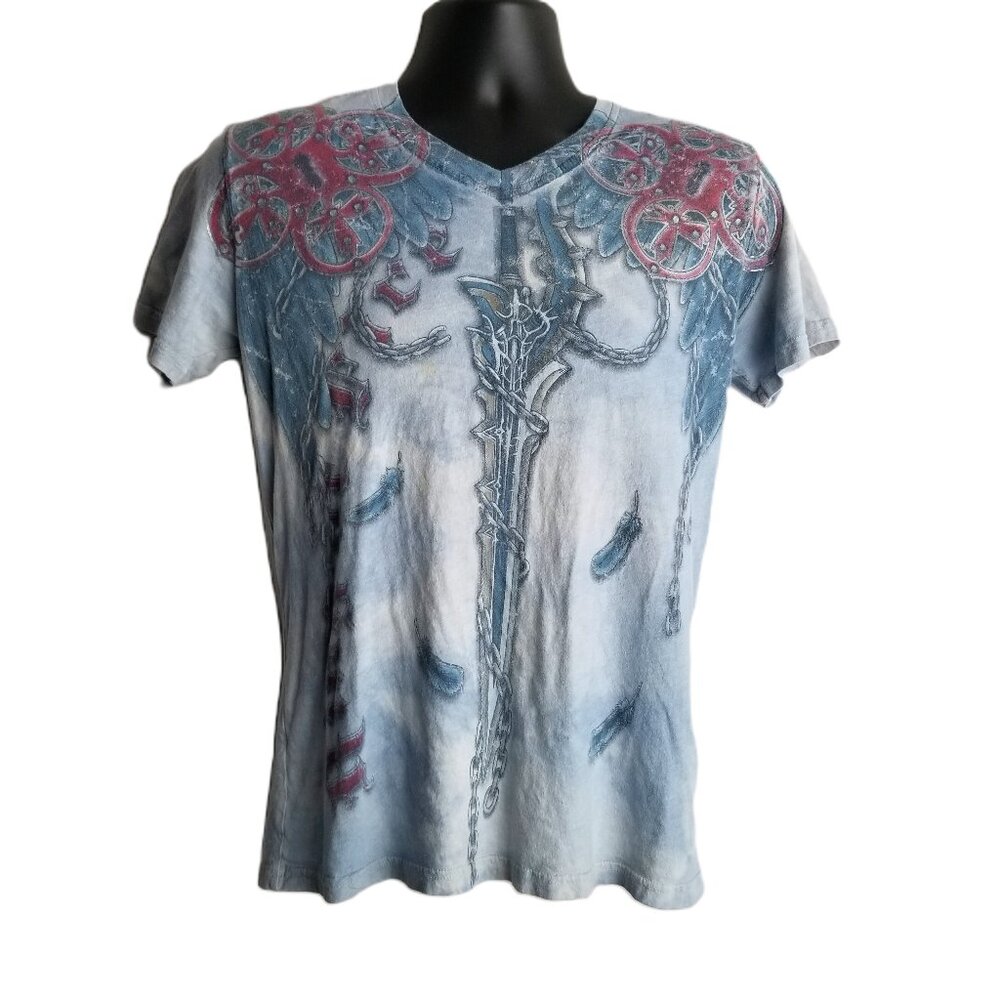 Ring of Fire Winged Sword Graphic Tee Size M Blue Gothic Medieval Fantasy